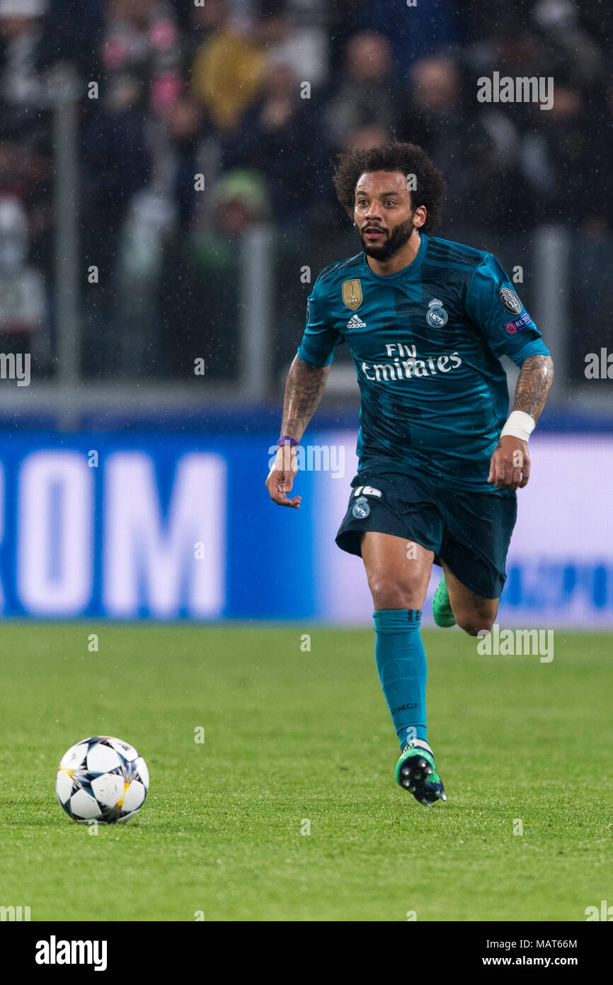 Marcelo Vieira da Silva Junior du Real Madrid lors de la Ligue des Champions UEFA ' ' les quarts de finale, 1ère manche, match entre la Juventus 0-3 Real Madrid au Stade Allianz le 3 avril 2018 à Turin, Italie. Credit : Maurizio Borsari/AFLO/Alamy Live News Banque D'Images