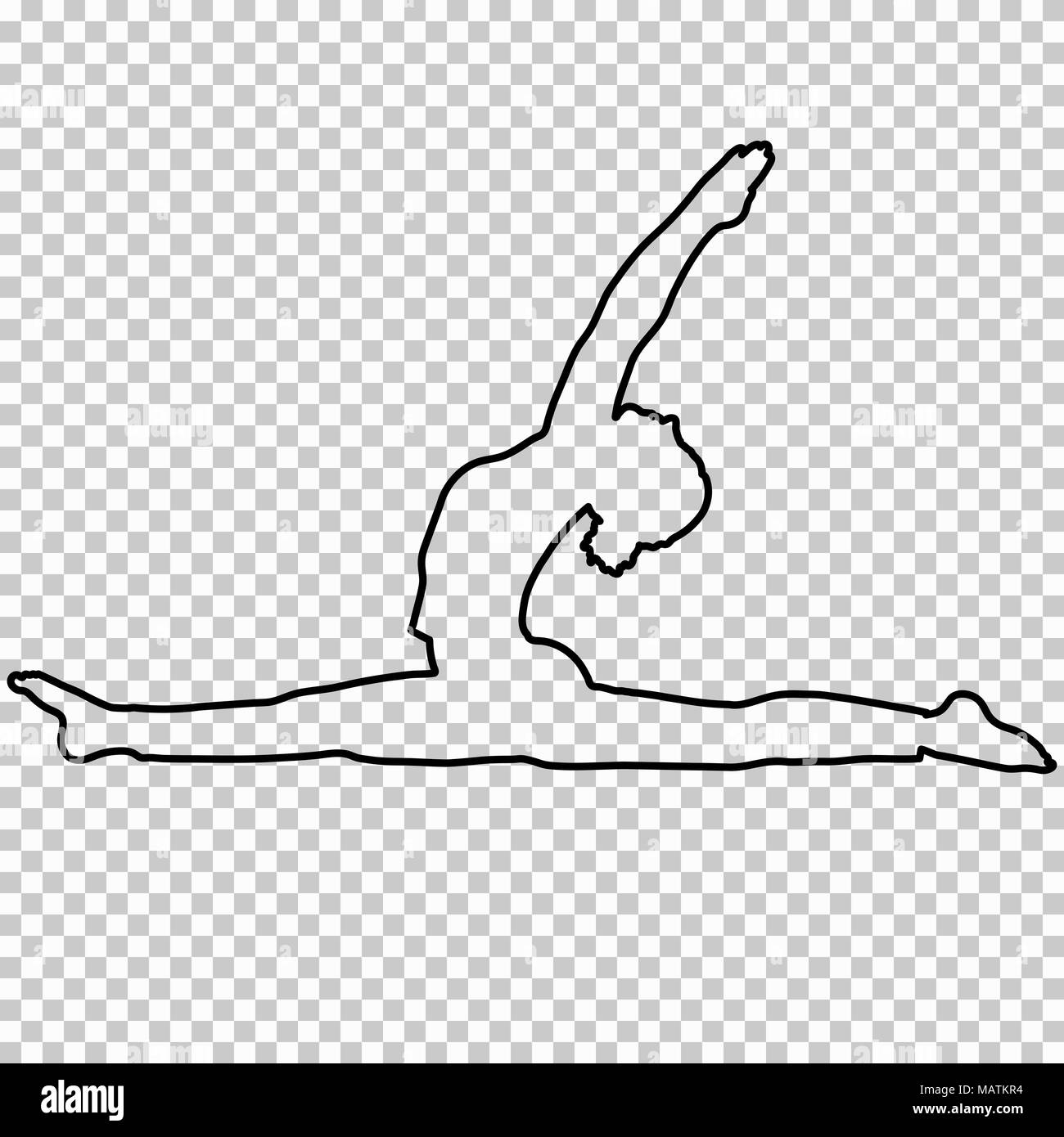 Contours figure woman doing stretching jambes, split sur fond transparent, silhouette fille engagée dans la gymnastique, yoga, portrait contour, noir et blanc, dessin de ligne stencil. Vector illustration Illustration de Vecteur