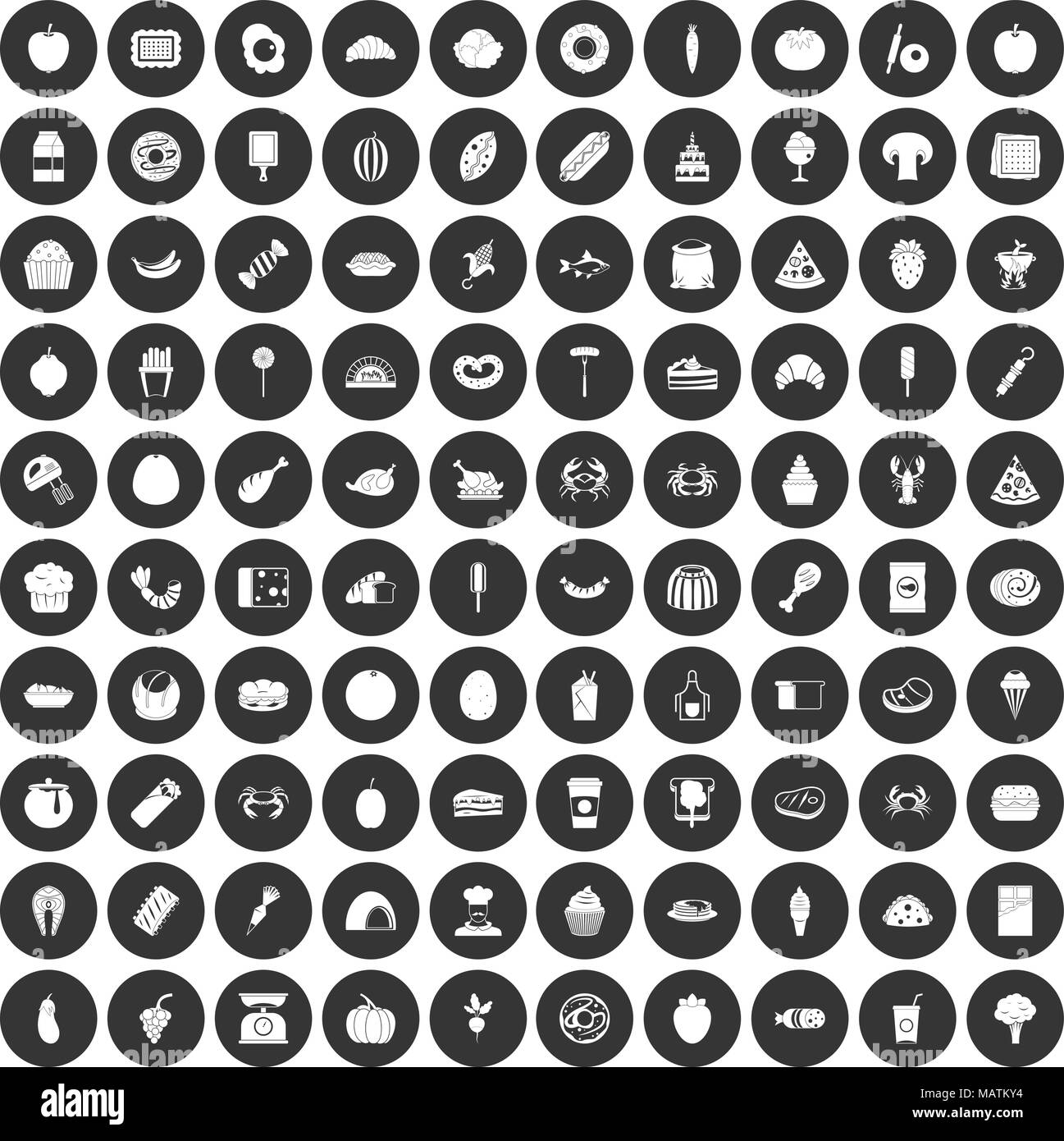 100 nourriture favorite icons set cercle noir Illustration de Vecteur