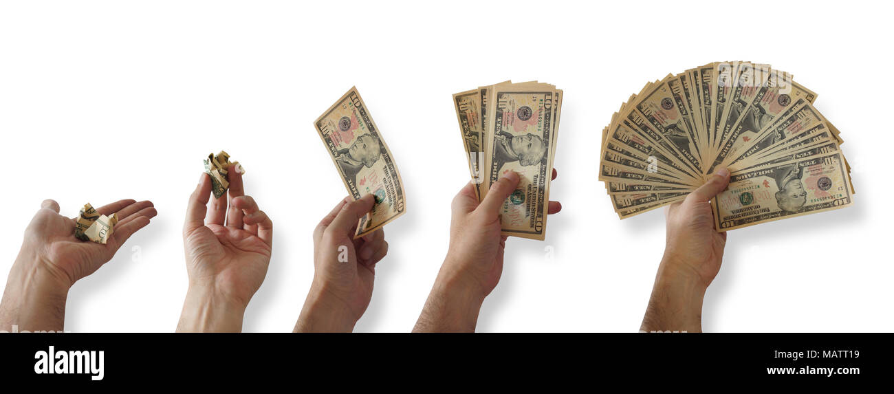 Séquence de la main d'un homme tenant un groupe de 10 dollars, avec plus de projets de chaque étape sur fond blanc Banque D'Images