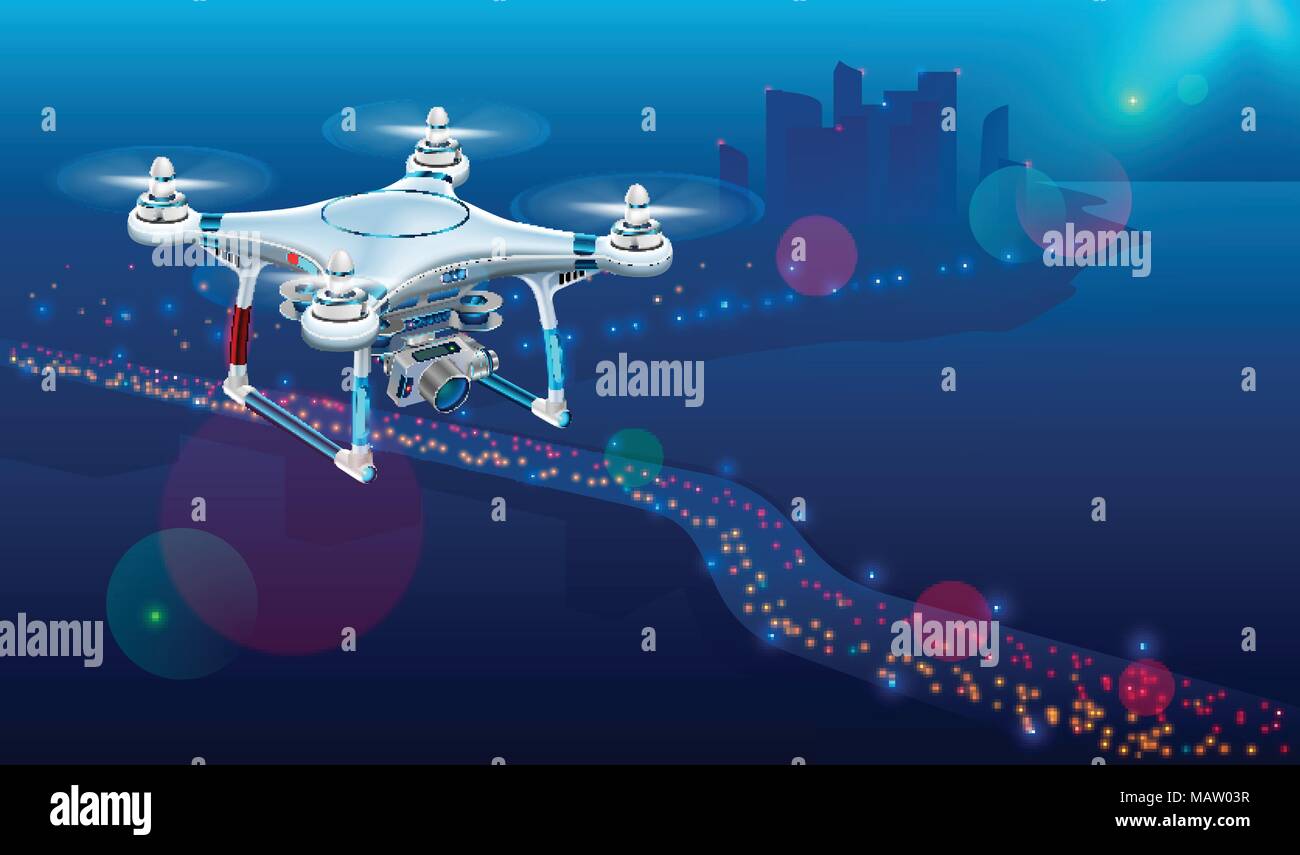 Drone avec caméra vidéo dans l'air au-dessus de la chaussée de la ville. Avions sans pilote ou du système de surveillance du trafic de la rue d'UAV ou la photographie dans le paysage urbain Illustration de Vecteur