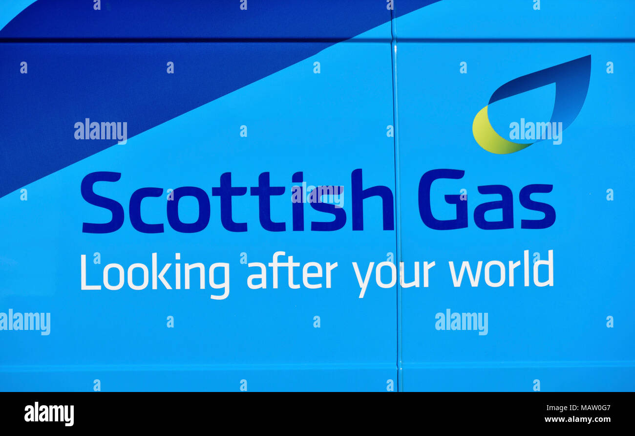"Scottish Gas à la fin de votre monde" logo sur côté de British Gas van. Kendal, Cumbria, Angleterre, Royaume-Uni, Europe. Banque D'Images