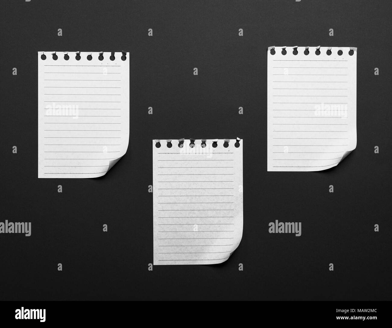 Trois feuilles de papier blanc vierge arrachés d'un bloc-notes avec un angle inférieur plié sur un fond noir Banque D'Images