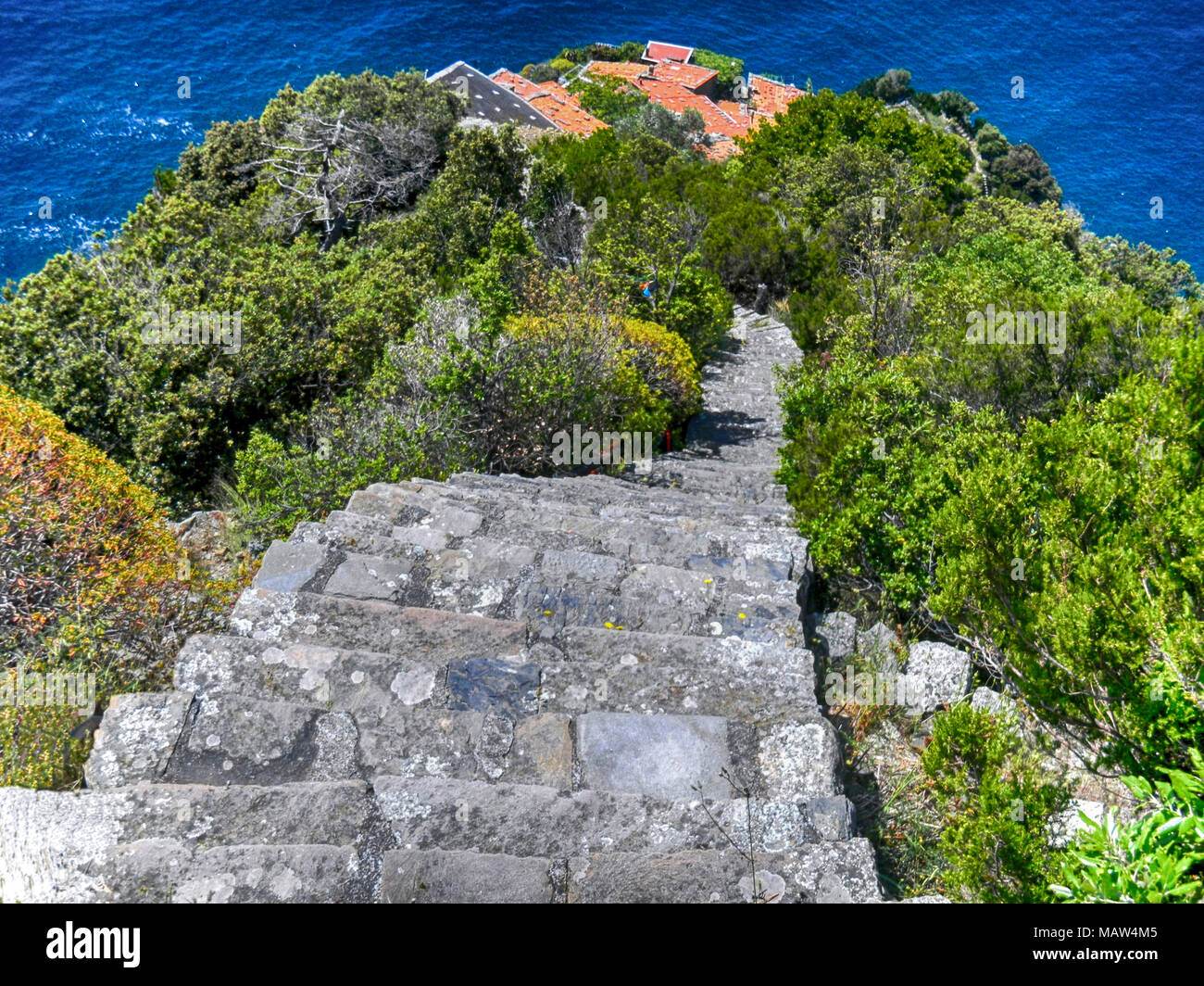 Vue de l'ancien escalier de pierre menant à Monesteroli, un petit village de pêcheurs à La Spezia Province, près de Cinque Terre, Italie Banque D'Images