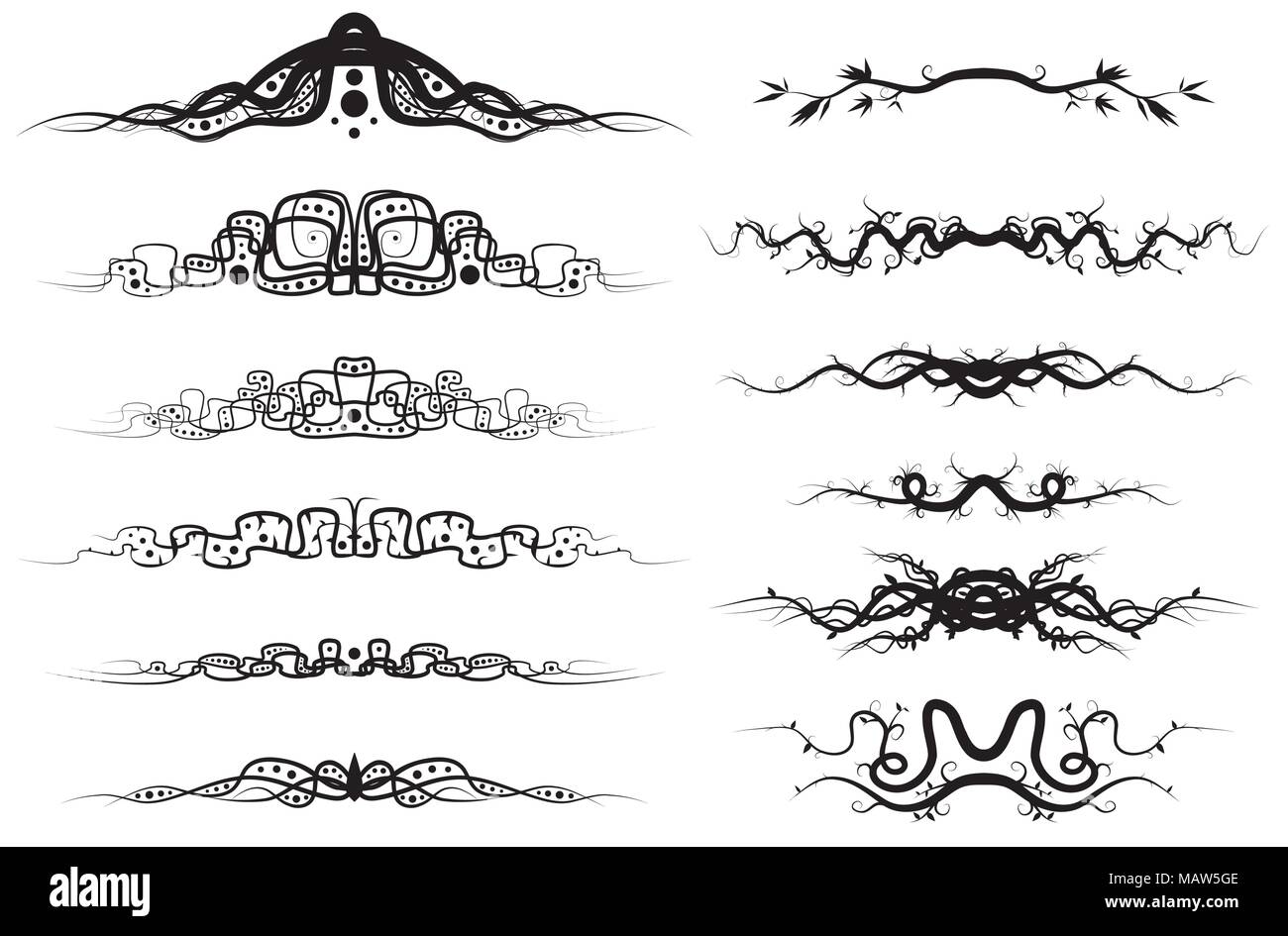 Ensemble de douze éléments de design floral vecteur symétrique, horizontal,isolées, noir sur blanc Illustration de Vecteur