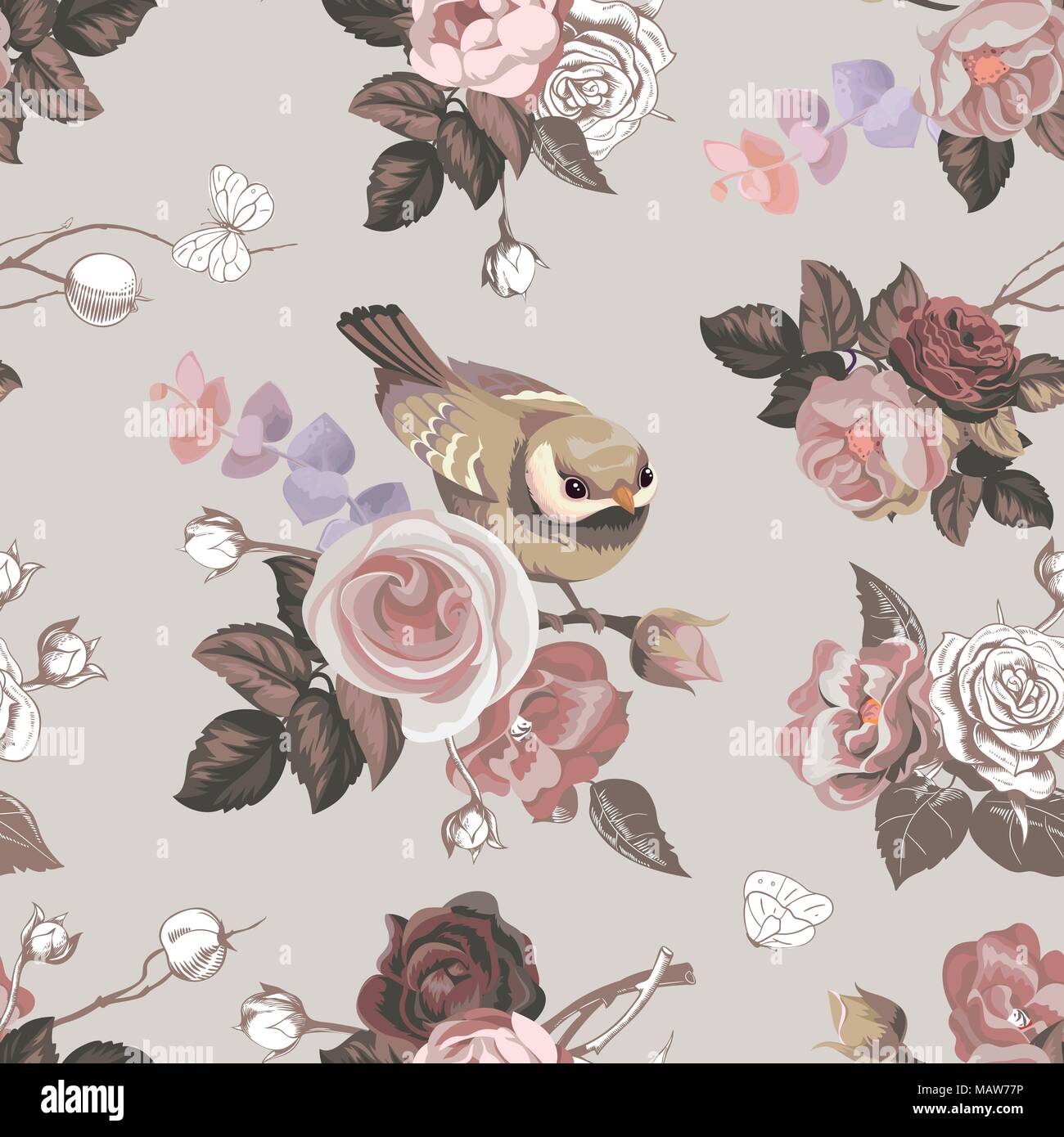 Floral élégant motif transparent coloré avec des bouquets de roses et mignon petit oiseau sur l'arrière-plan. Vector illustration dans un style rétro pour papier peint, impression textile, papier d'emballage Illustration de Vecteur