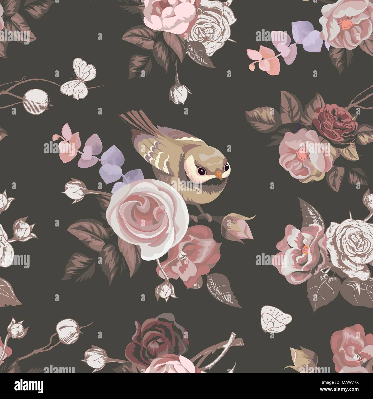 Transparente avec motif floral bouquets de roses colorées et mignon petit oiseau sur l'arrière-plan. Vector illustration dans un style rétro pour papier peint, impression textile, papier d'emballage Illustration de Vecteur