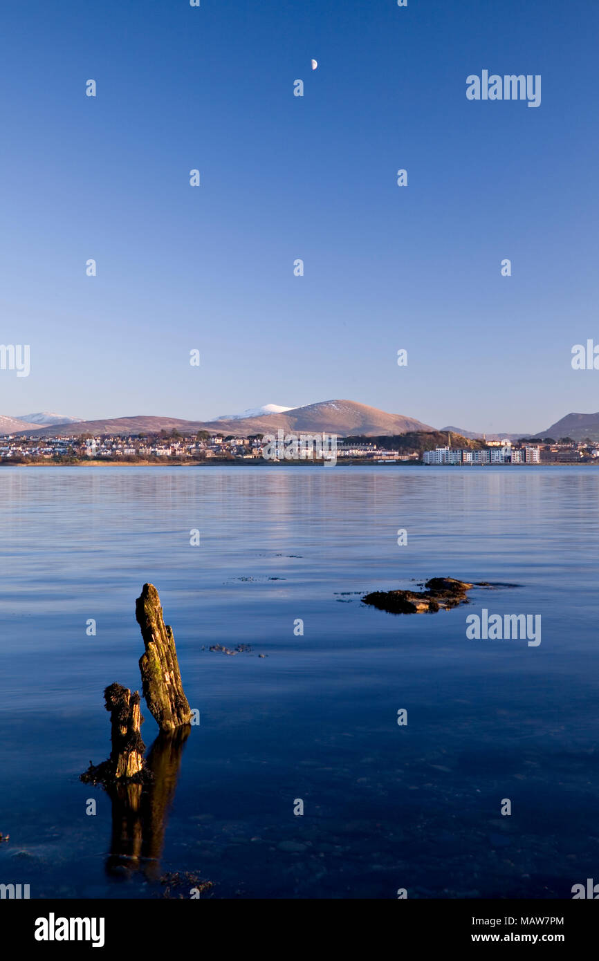 Épis dans le détroit de Menai à marée haute en hiver, Anglesey, au nord du Pays de Galles Banque D'Images
