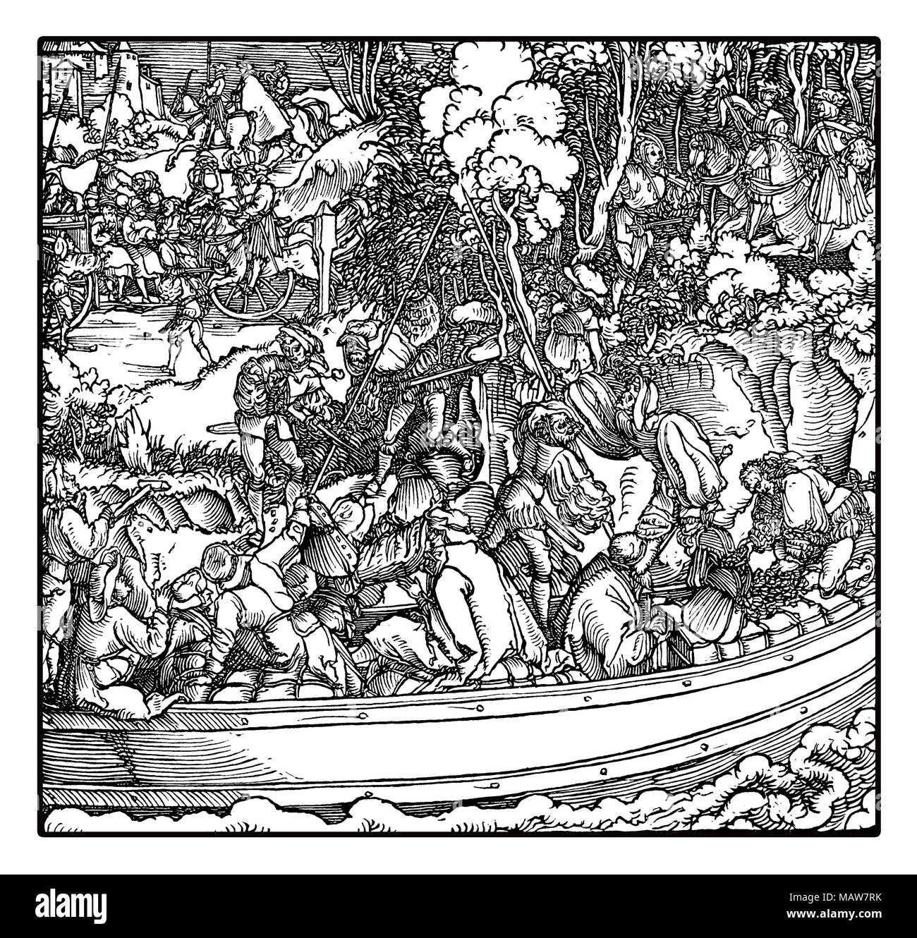 Gare de péage barons : propriétaires féodaux de voler les voyageurs et marchands sur la circulation fluviale, par Hans Schauffelein, année 1532 gravure Banque D'Images