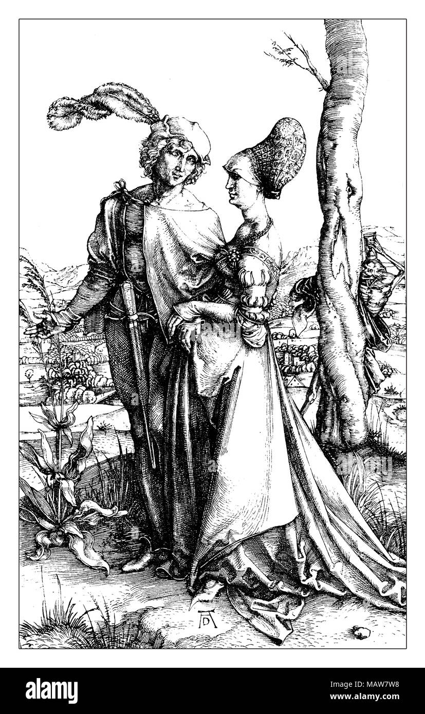Jeune couple menacé de mort par Albrecht Dürer, l'année 1498. Couple Noble promenade, alors que la mort avec hourglass les regarde, derrière un tronc d'arbre. Banque D'Images
