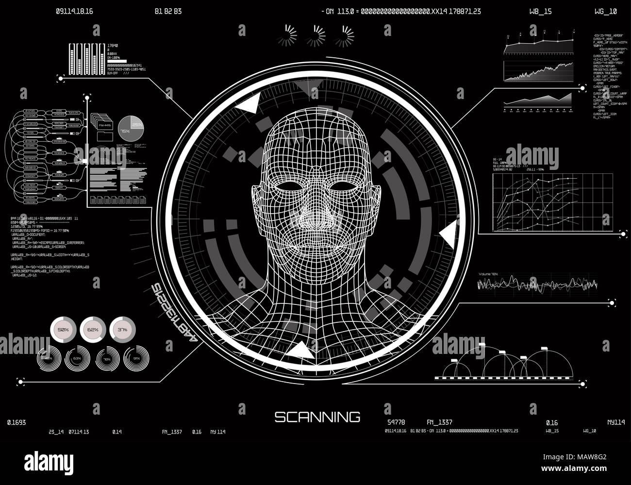 L'INTERFACE UTILISATEUR DE HUD. Concept de numérisation face. La technologie des systèmes d'apprentissage automatique, précise la technologie biométrique de reconnaissance faciale. La technologie moderne de l'INTERFACE UTILISATEUR DE HUD Banque D'Images