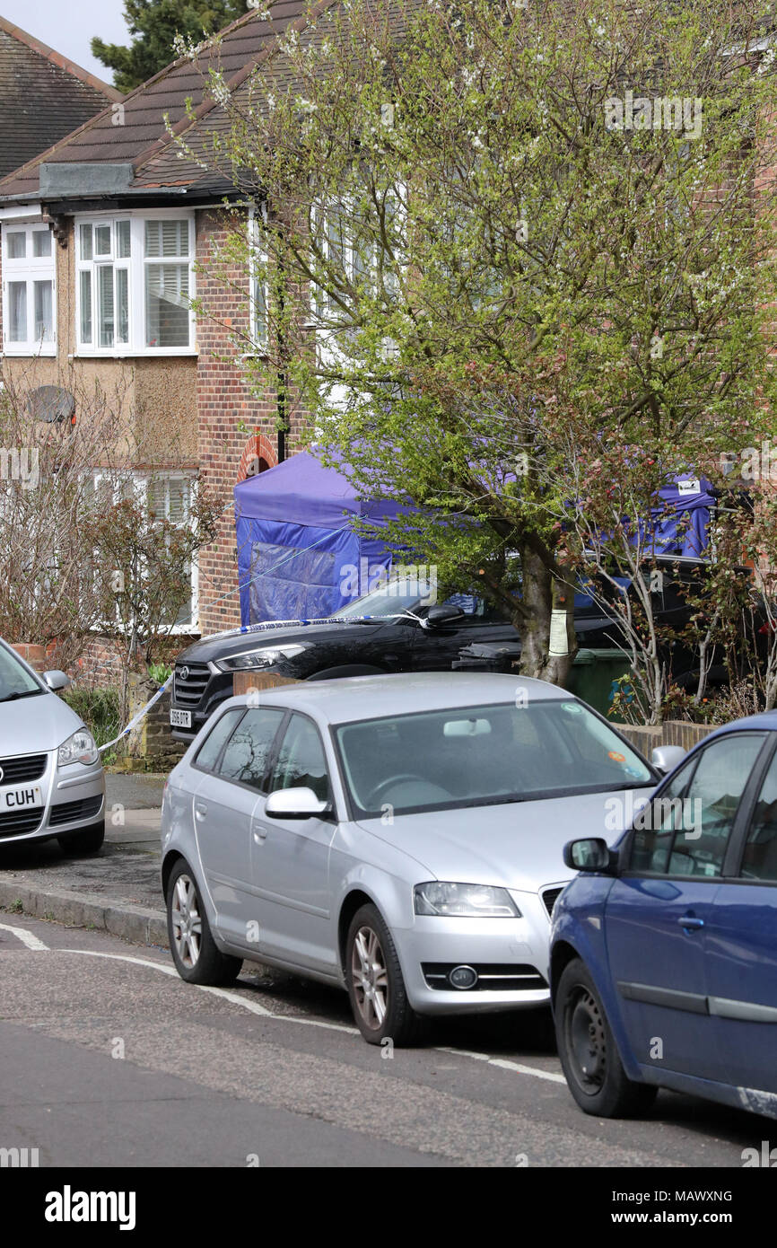 Une expertise médico-légale tente dans South Park Crescent à Hither Green, Londres, après un pensionné a été arrêté, soupçonné de meurtre après avoir mortellement blessé un intrus lors d'un cambriolage suspect à son domicile. Banque D'Images