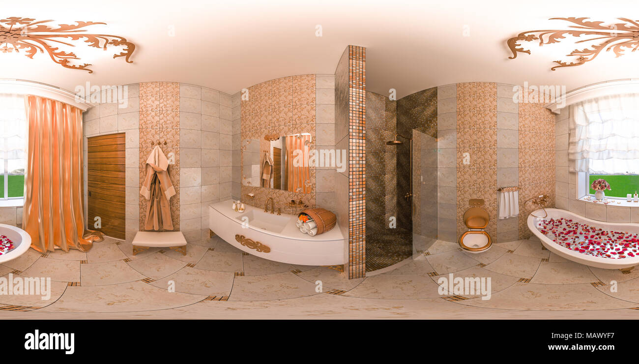 Illustration 3d 360 degrés sphérique transparente, panorama de l'architecture d'intérieur salle de bains dans un style classique. Rendre l'intérieur pour la simulation de la réalité virtuelle Banque D'Images