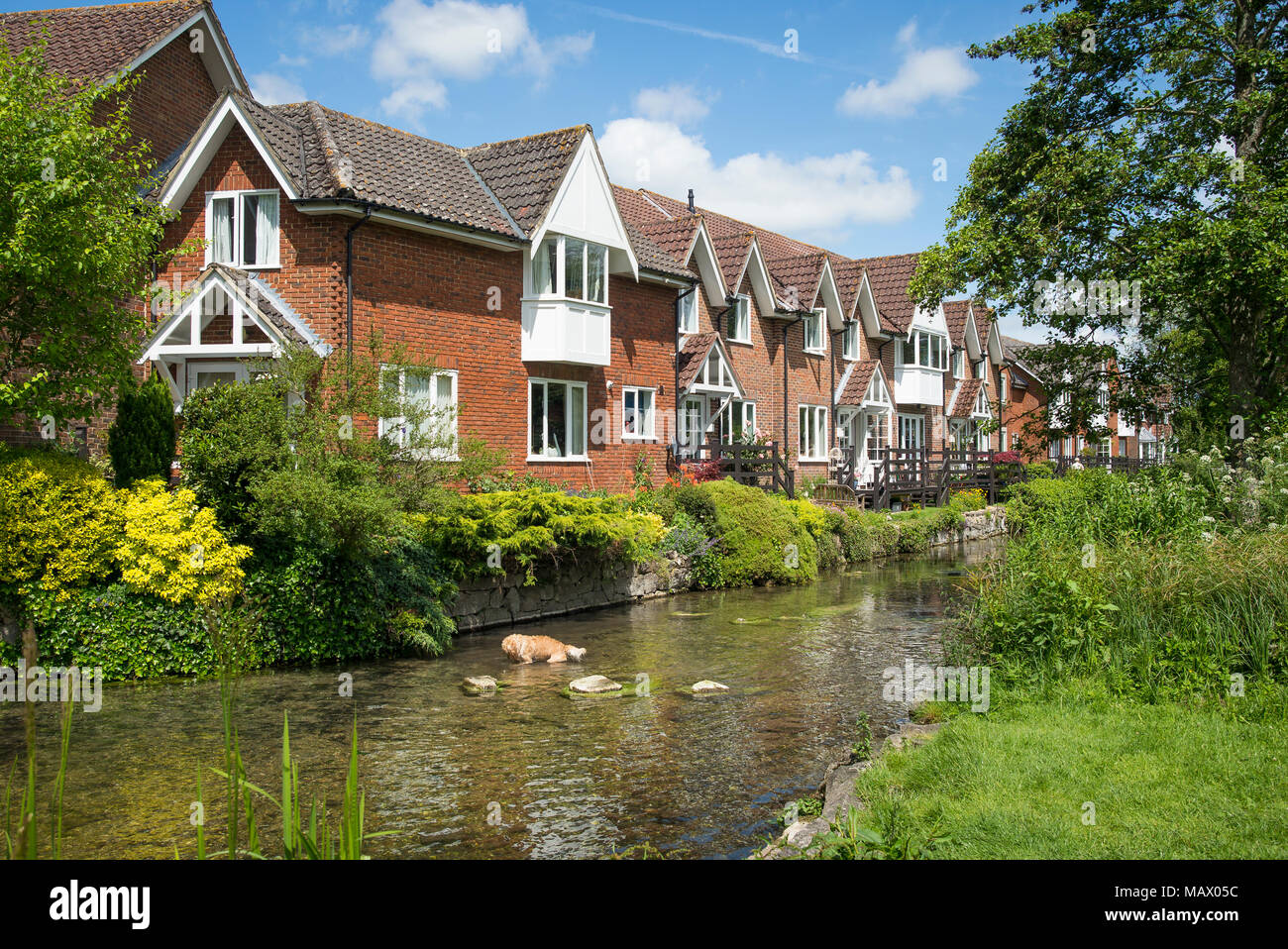 Un tournant dans la rivière Millstream Kennett dans Marlborough Wiltshire England UK a fourni un cadre idyllique pour un logement moderne pour la Banque D'Images