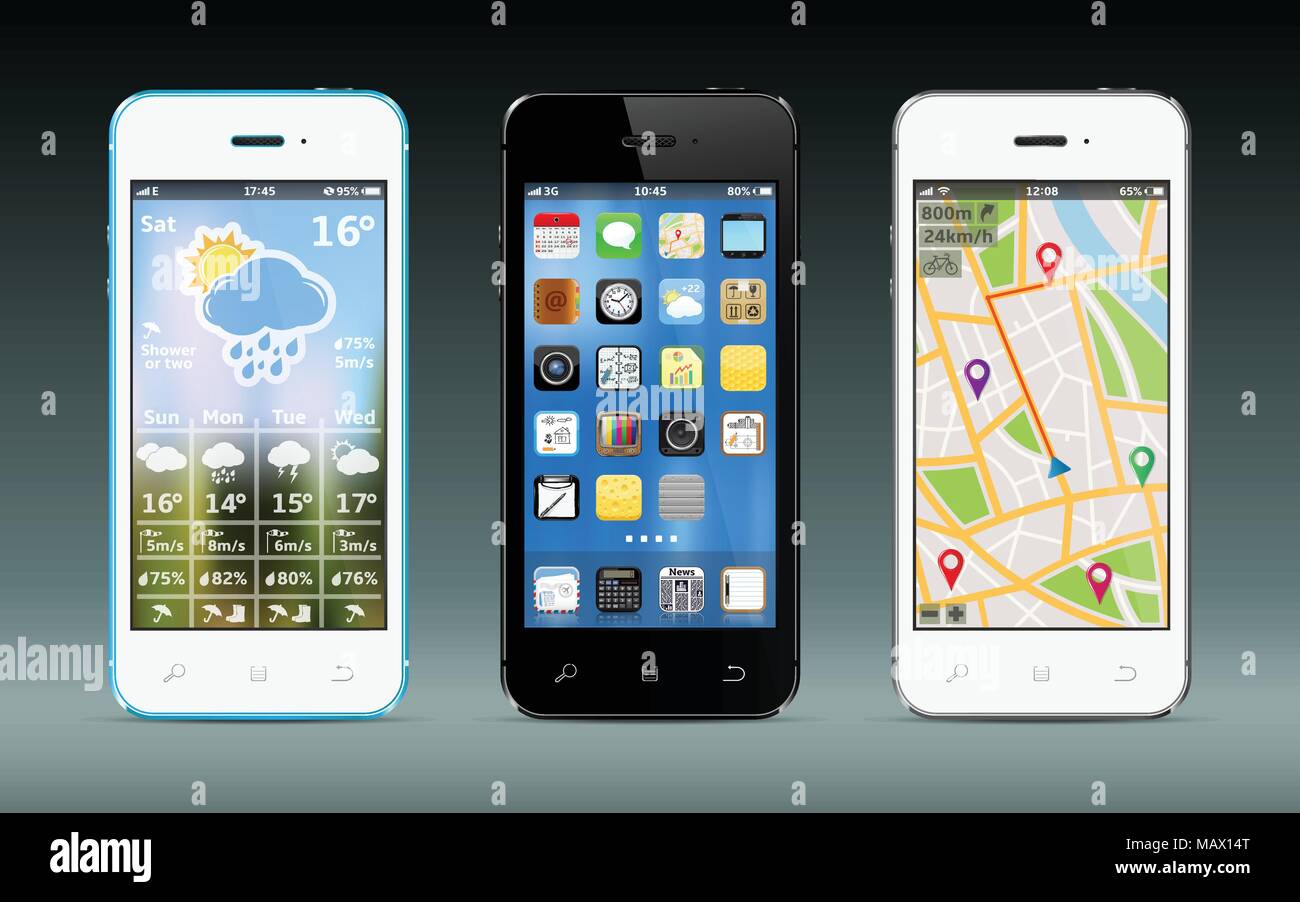 Les téléphones intelligents avec des icônes d'applications, les conditions météorologiques et les widgets de navigation GPS Illustration de Vecteur