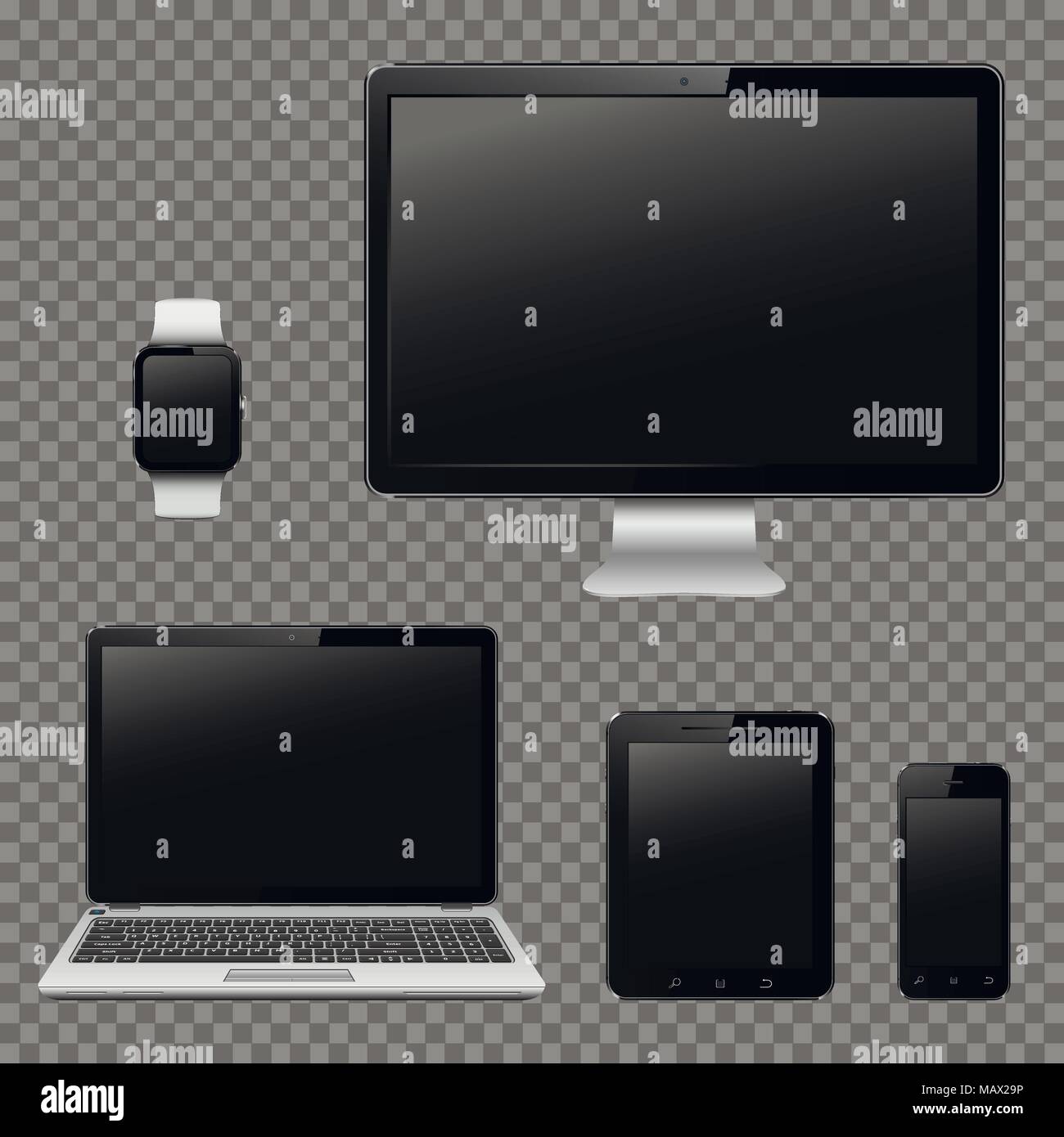 Écran d'ordinateur, ordinateur portable, tablet pc et téléphone mobile avec écran blanc isolé sur fond transparent Illustration de Vecteur