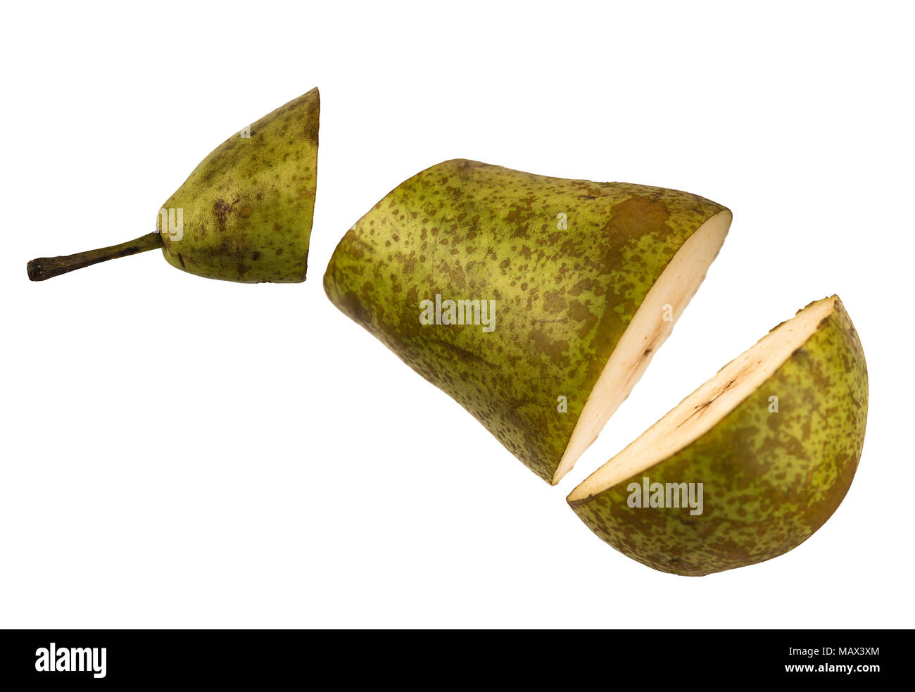Couper la poire en 3 sur un fond blanc. Banque D'Images