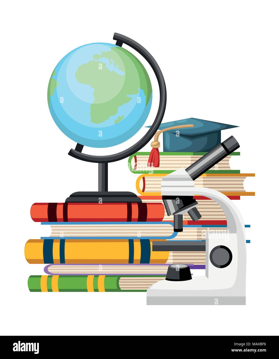 Microscope et de globe sur les livres. Concept de l'étude pour les écoles, collèges et universités. Cartoon style design. Vector illustration sur fond blanc Illustration de Vecteur