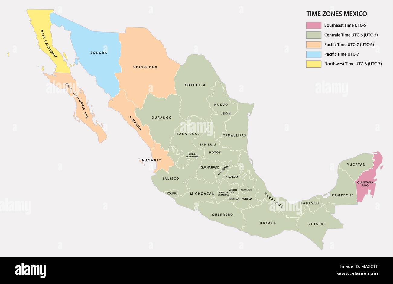 Carte vectorielle de la cinq fuseaux horaires de l'état nord-américain du Mexique Illustration de Vecteur