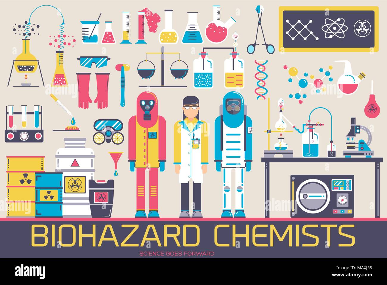 Laboratoire de chimie chimistes dans Biohazard illustration concept défini. Les gens de la science avec l'équipement de conception d'icônes. Les outils de travail pour la recherche scientifique Illustration de Vecteur