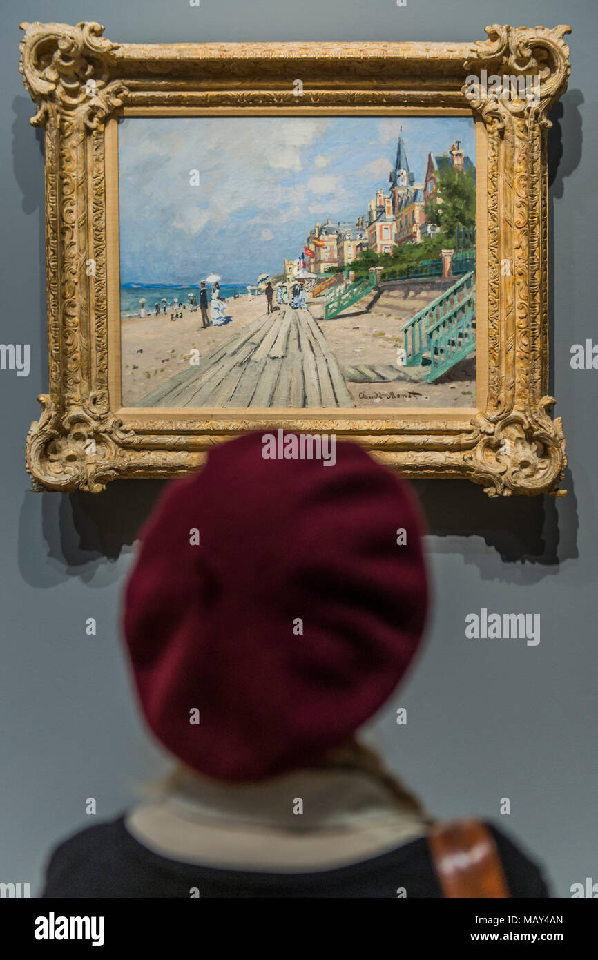 National Gallery, Londres, Royaume-Uni. 5 avril, 2018. La plage de Trouville, 1870 - Le Credit Suisse : exposition Monet et l'Architecture une nouvelle exposition dans le Sainsbury Wing, à la Galerie nationale. Crédit : Guy Bell/Alamy Live News Banque D'Images