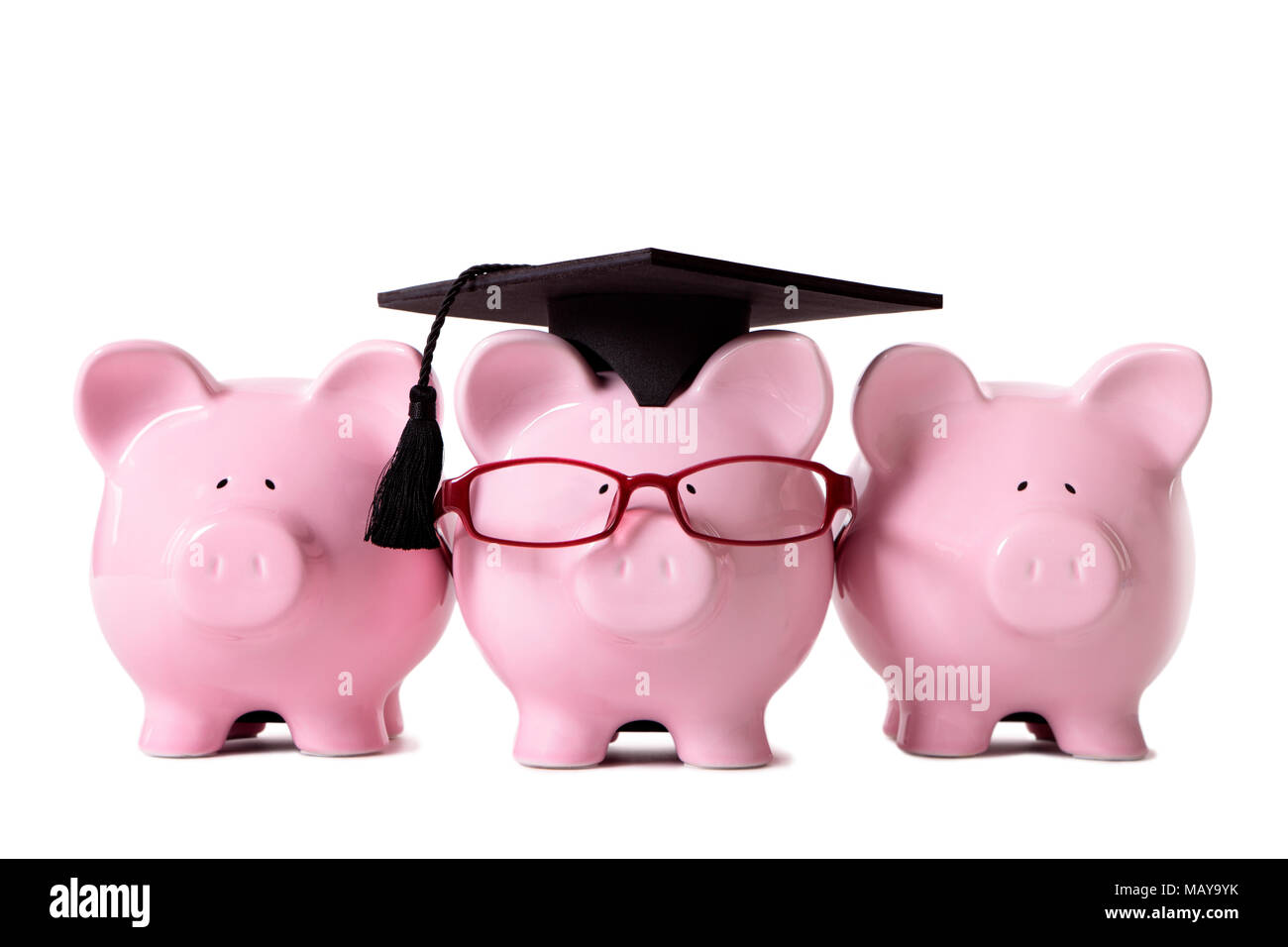 Rangée de pink Piggy Banks, l'un habillé comme un diplômé d'université avec mortier et lunettes. Isolé sur blanc. Banque D'Images