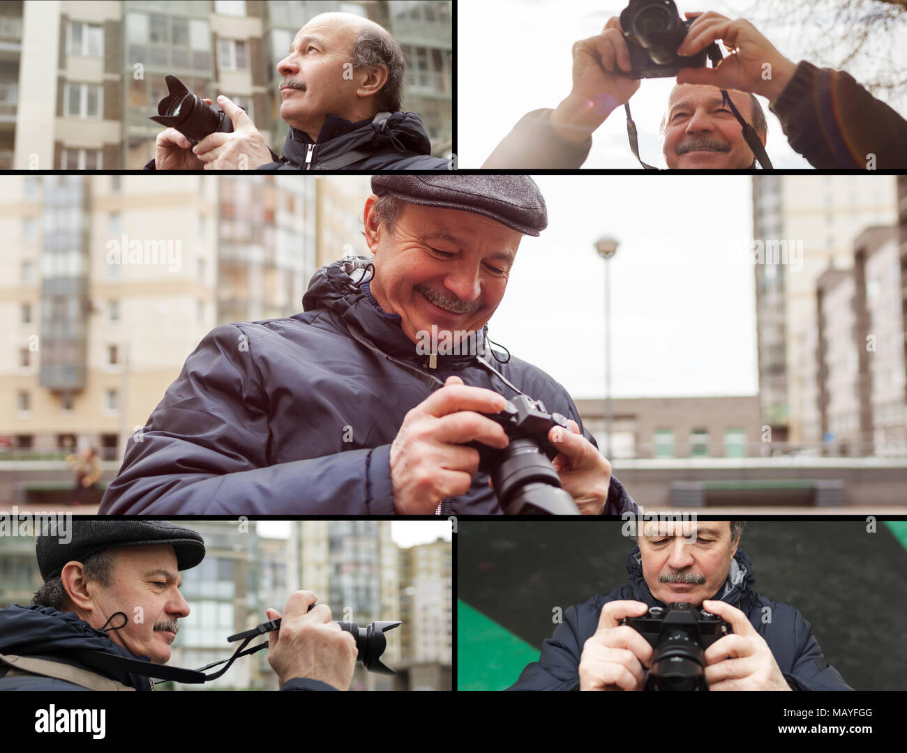 Un homme âgé avec un appareil photo mirrorless choisit une trame sur le s Banque D'Images