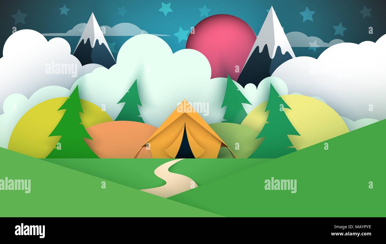 Illustration de la tente. Papier dessin animé paysage. Illustration de Vecteur