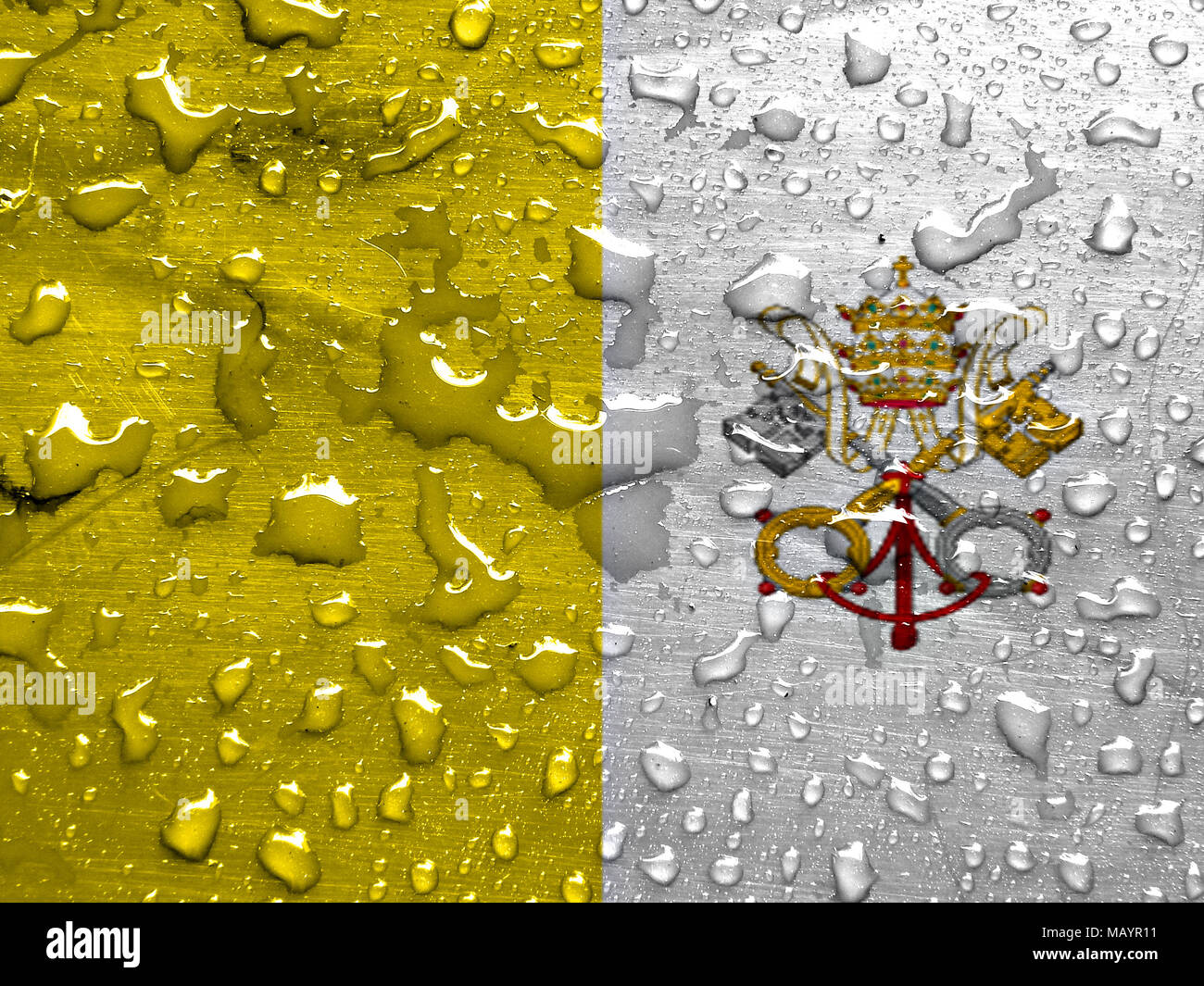 Drapeau de l'État Vatican avec gouttes de pluie Banque D'Images