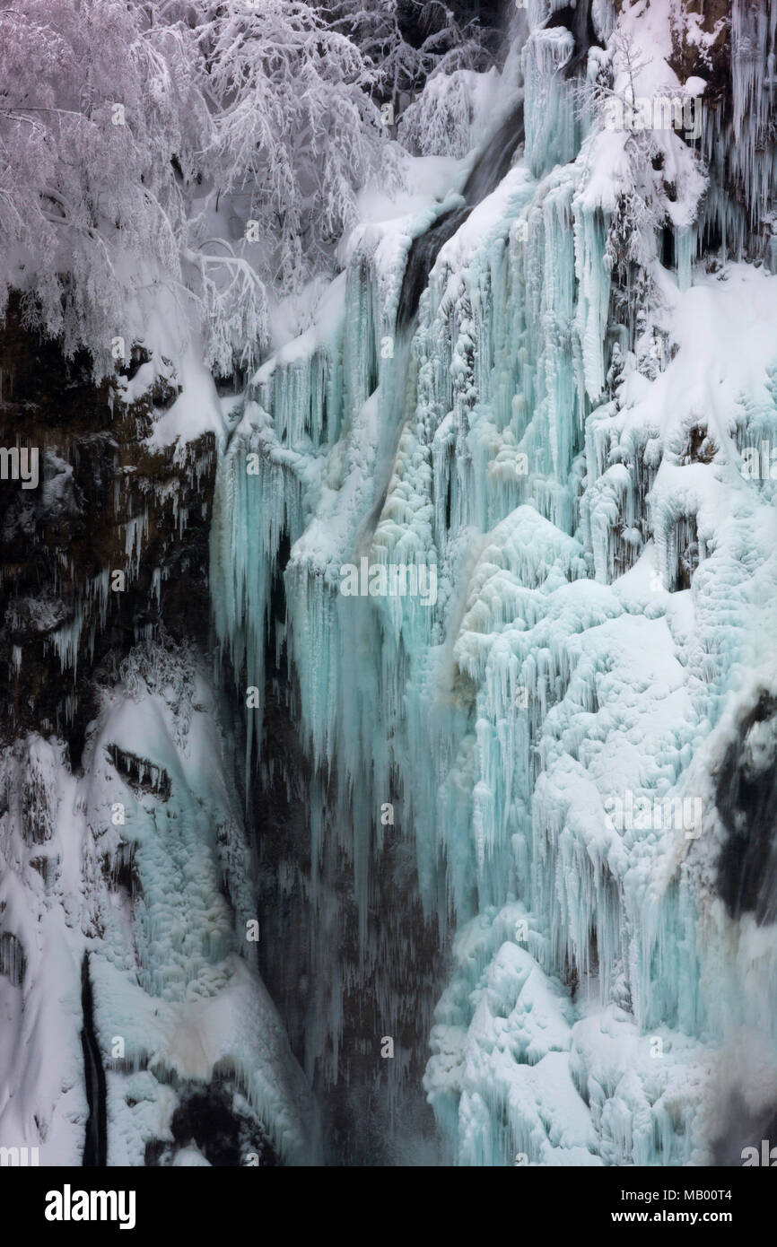 Paysage glacé en hiver, cascade de glace, le parc national des Lacs de Plitvice, Plitvice, Croatie Banque D'Images