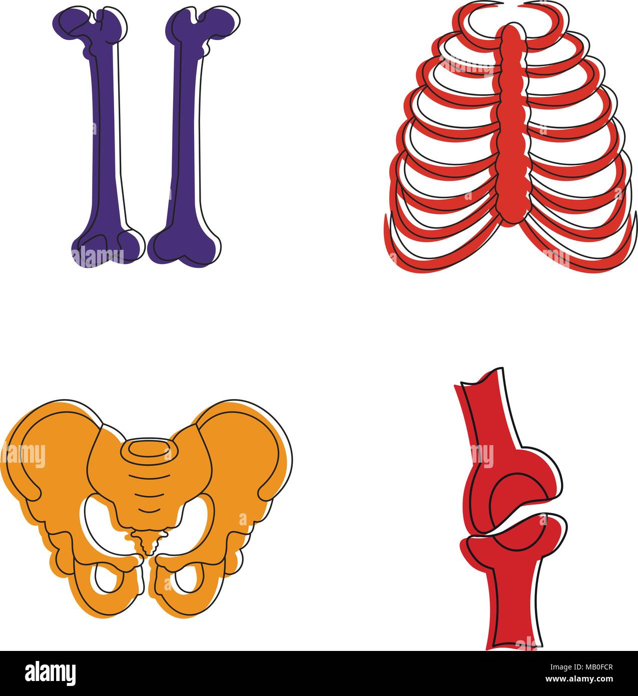 Des os humains icon set, style du contour de couleur Illustration de Vecteur