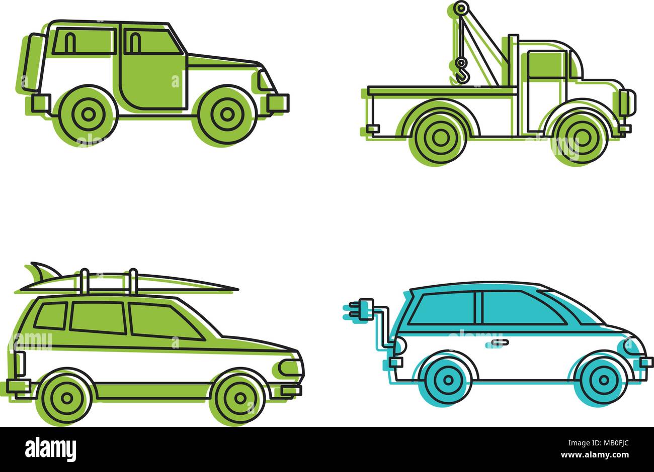 Icon Set Jeep, style du contour de couleur Illustration de Vecteur