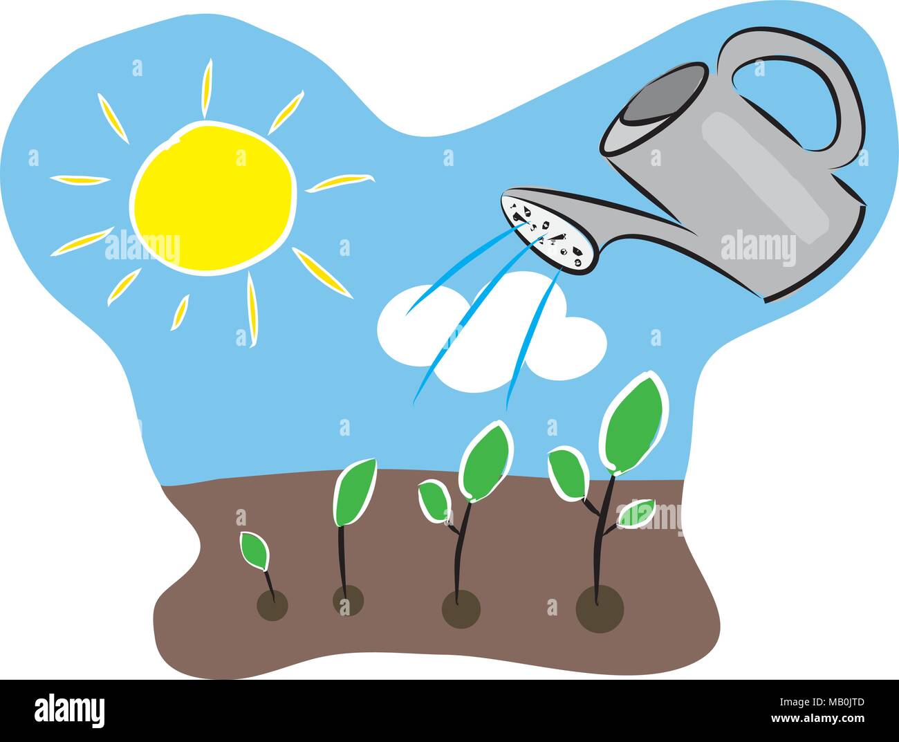 Croissance de l'axe de la plante avec de l'eau peut, le sol, soleil, ciel et nuages. Illustration à la main artistique. Illustration de Vecteur