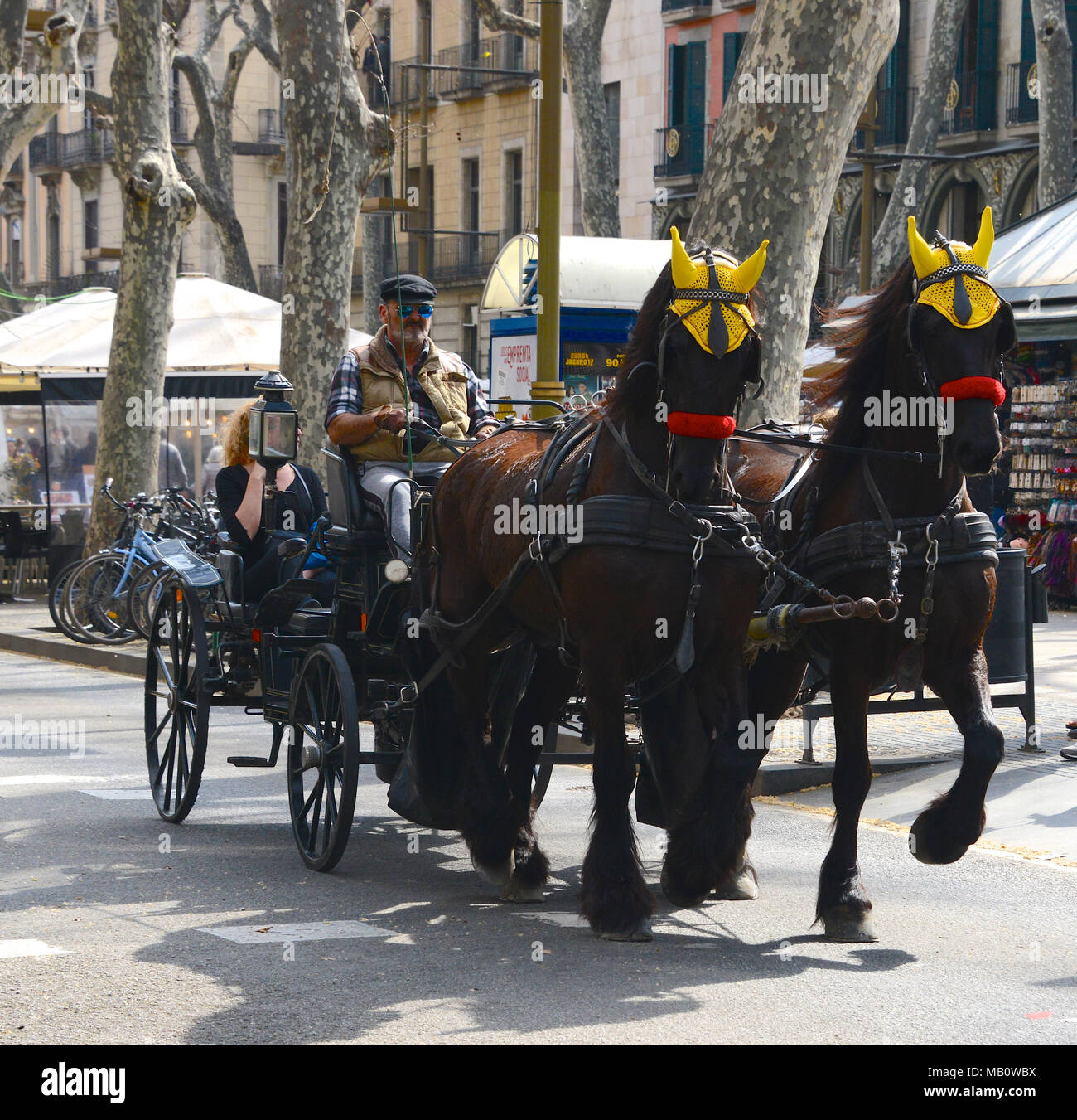Scène typique de chevaux tirant un chariot à Las Ramblas, Barcelone, Espagne Banque D'Images
