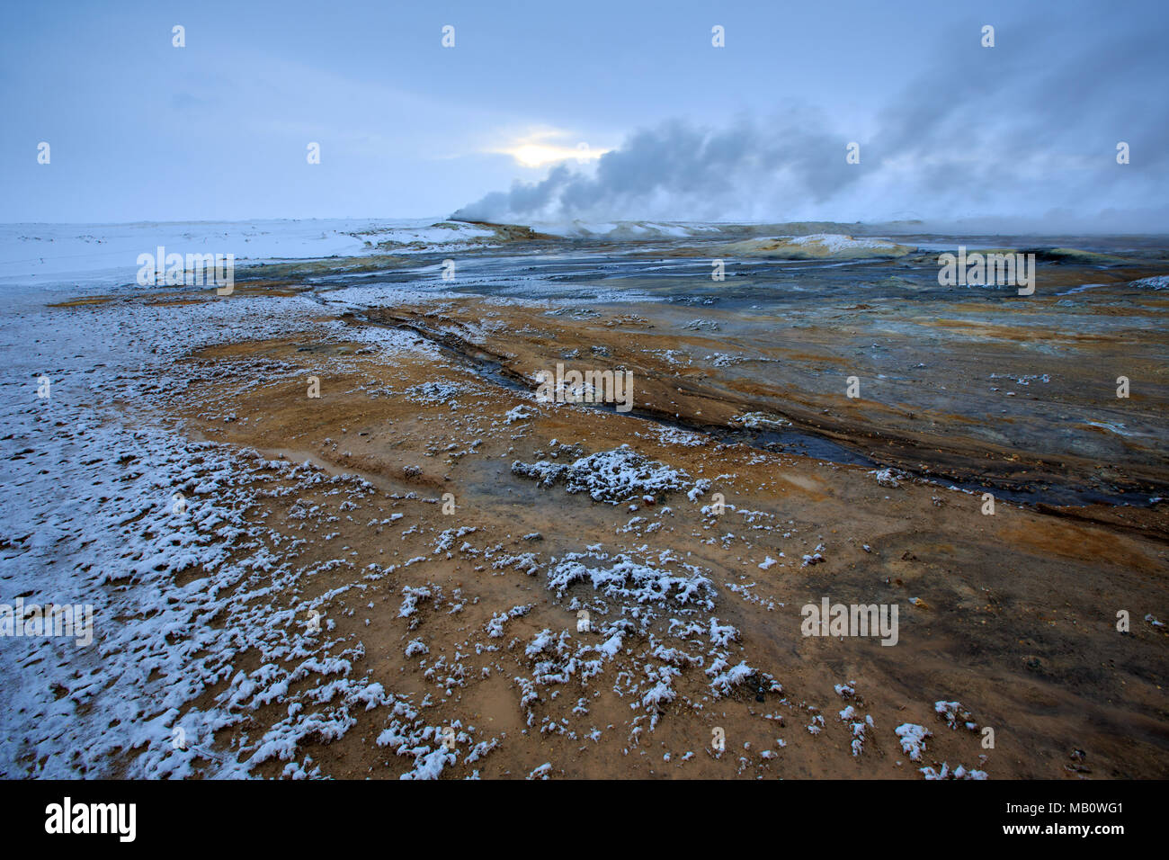 L'Europe, Fumarolen, water, Island, paysages, Namaskard, neige, quartier thermal, l'île volcan, volcanisme, hiver Banque D'Images