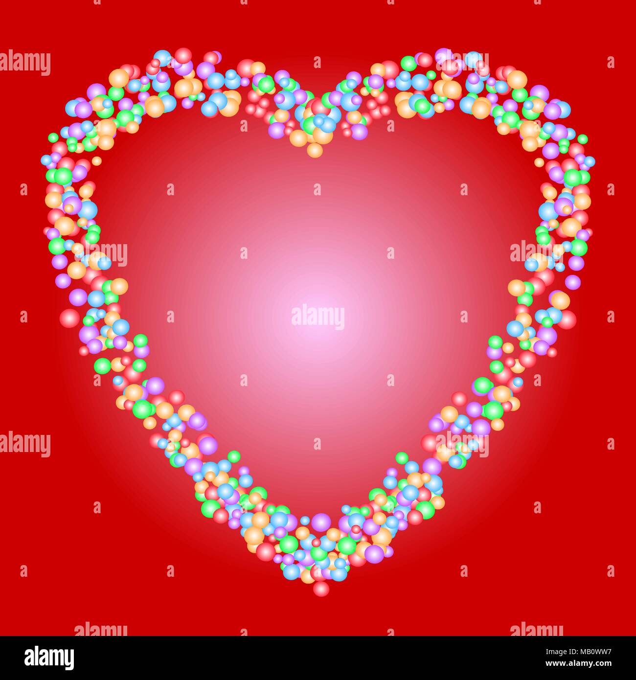Motif en forme de coeur de perles colorées sur fond rouge. L'amour, roman, Valentine, de mariage ou de concepts. Illustration de Vecteur