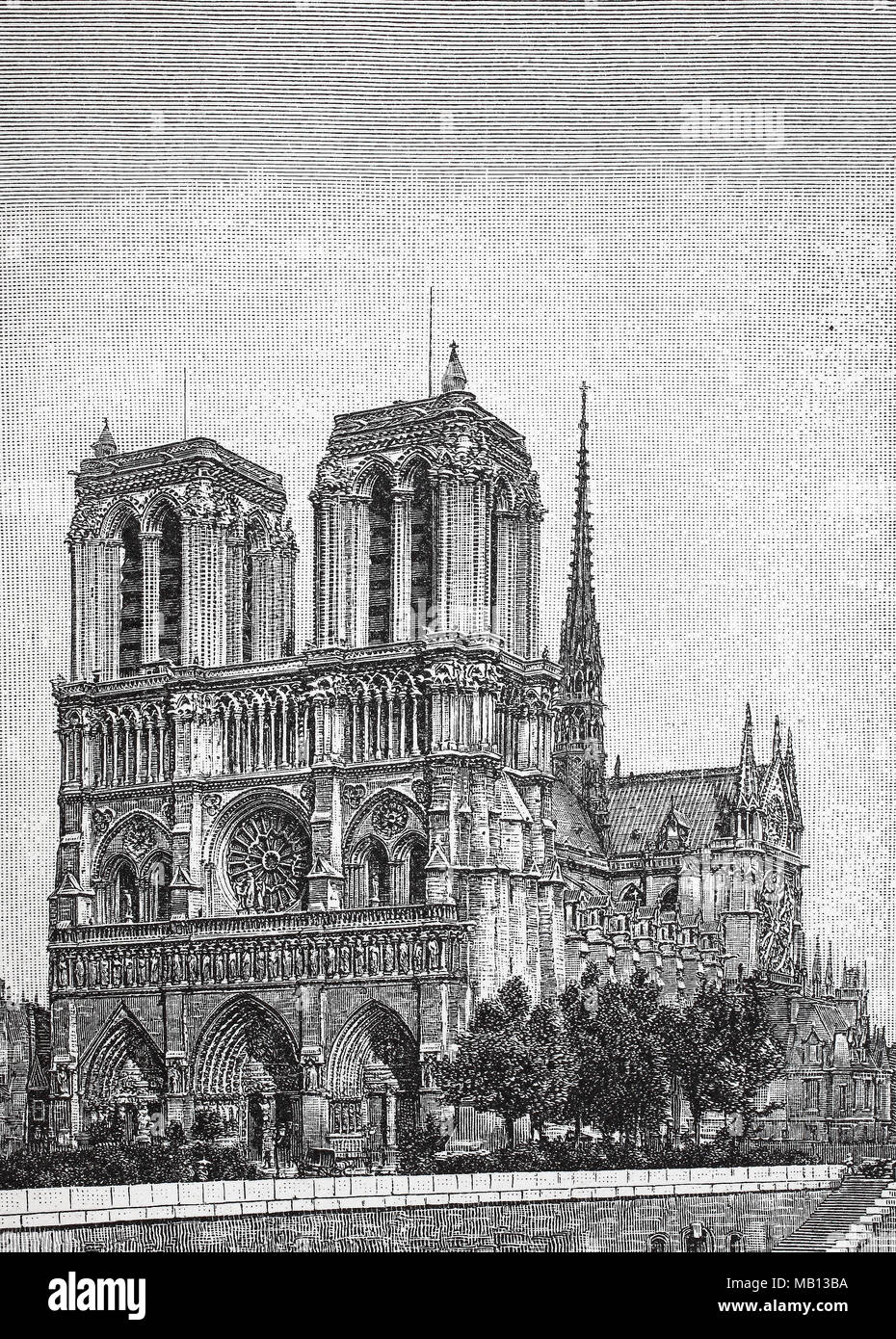 Notre Dame, Paris, France. Notre-Dame de Paris, Notre Dame de Paris, également connu sous le nom de Cathédrale Notre-Dame ou simplement Notre-Dame, est une cathédrale catholique médiévale sur l'île de la CitÃ© dans le quatrième arrondissement de Paris, France, l'amélioration numérique reproduction d'une estampe originale de l'année 1895 Banque D'Images