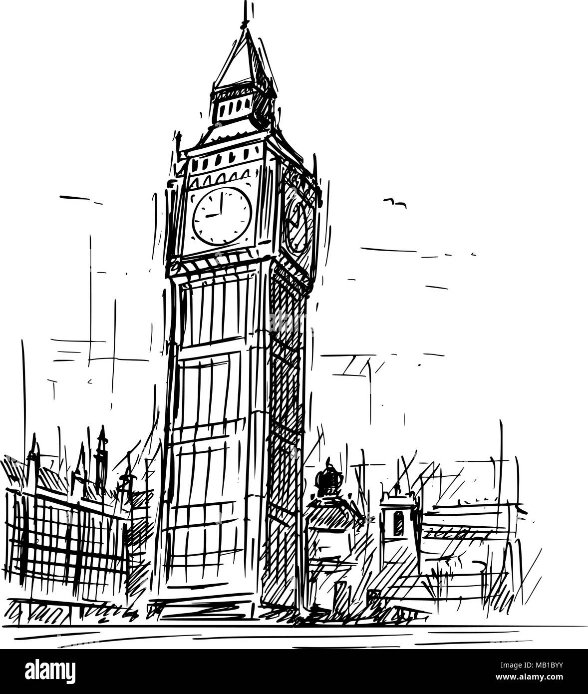 Croquis dessin animé de Big Ben Clock Tower à Londres, Angleterre, Royaume-Uni Illustration de Vecteur