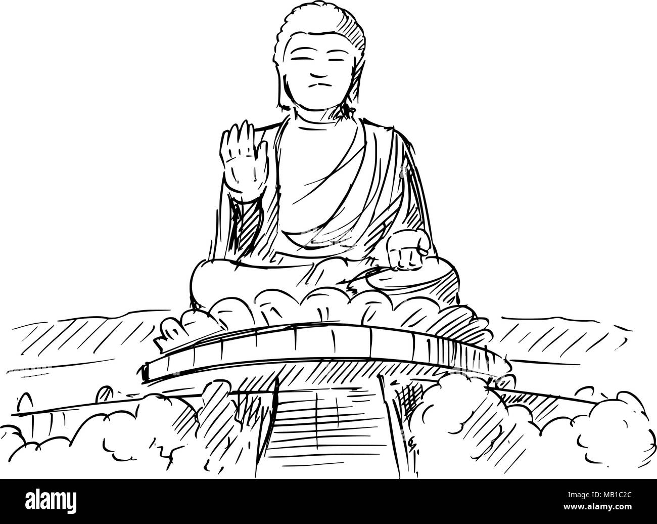 Croquis dessin animé du Tian Tan ou statue du Grand Bouddha, Hong Kong Illustration de Vecteur
