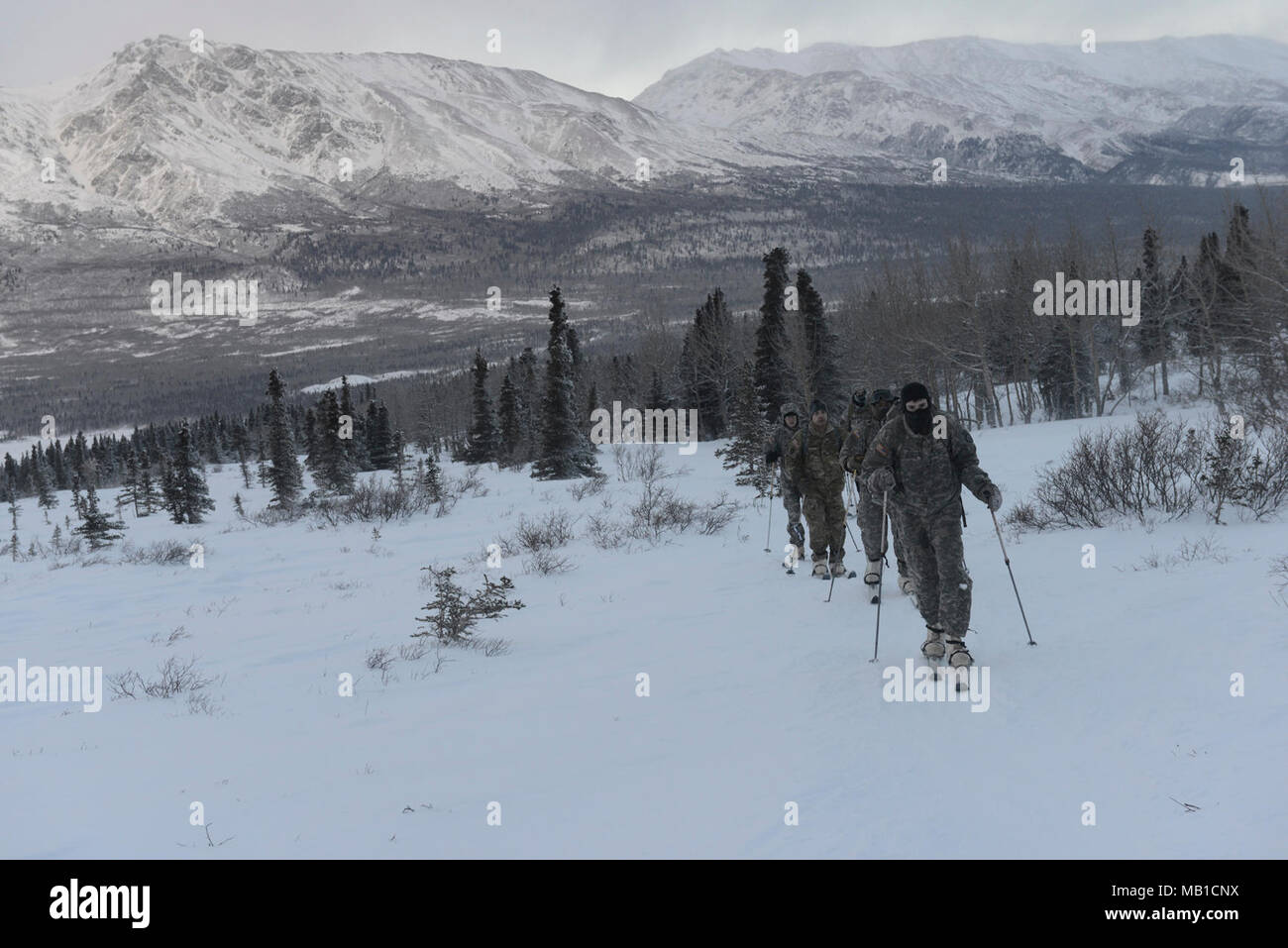 Les élèves des pistes de ski pendant le bivouac partie des cours de chefs par temps froid, février 2017, 9-14. La LBEC est enseigné à la guerre du Nord Centre de formation au Black Rapids, en Alaska. Dans tout le cours comportait 2-16 Février, 2017. Banque D'Images