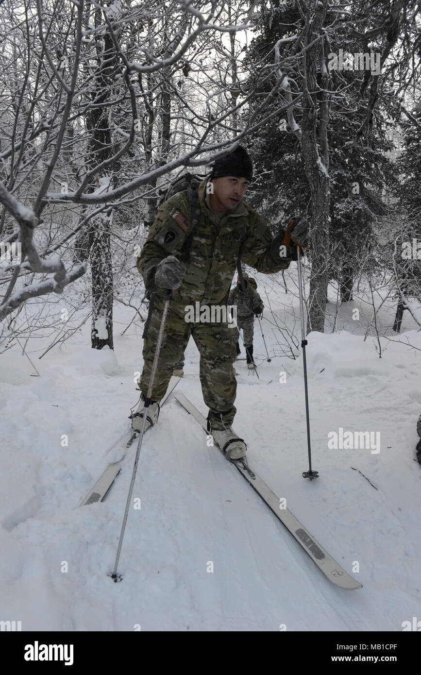 Un étudiant en skis de fond durant le bivouac partie des cours de chefs par temps froid, février 2017, 9-14. La LBEC est enseigné à la guerre du Nord Centre de formation au Black Rapids, en Alaska. Dans tout le cours comportait 2-16 Février, 2017. Banque D'Images