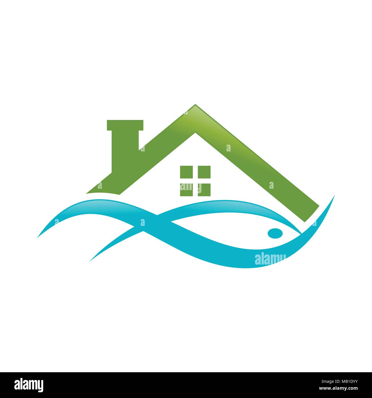 Résumé Lake House Poisson symbole du logo vert aqueux Vector Graphic Design Illustration de Vecteur