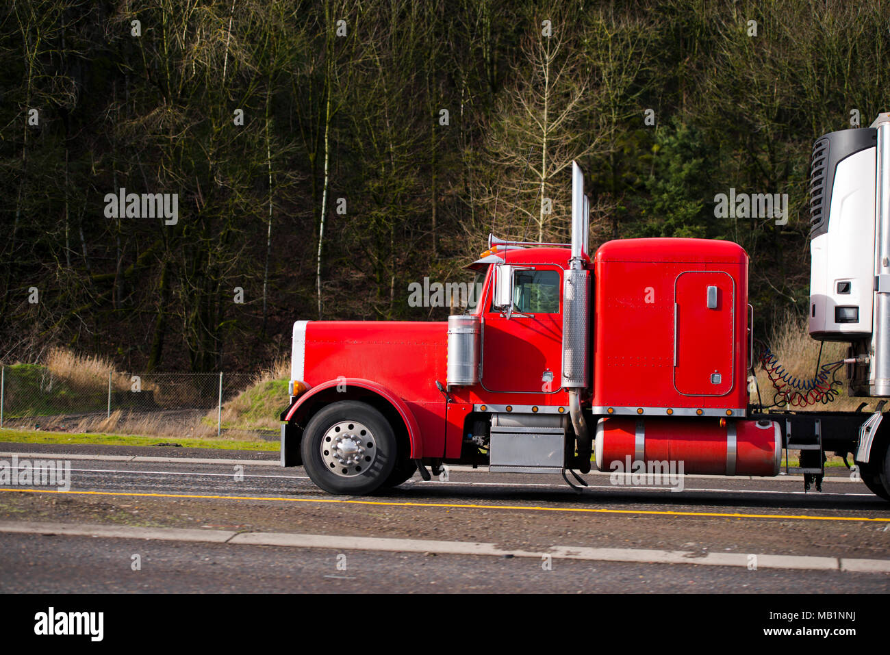 Classic American puissant fait bonnet rouge professionnel gros camion  semi-remorque transportant des camions semi avec unité de réfrigération pour  cargo frigorifique tournant o Photo Stock - Alamy
