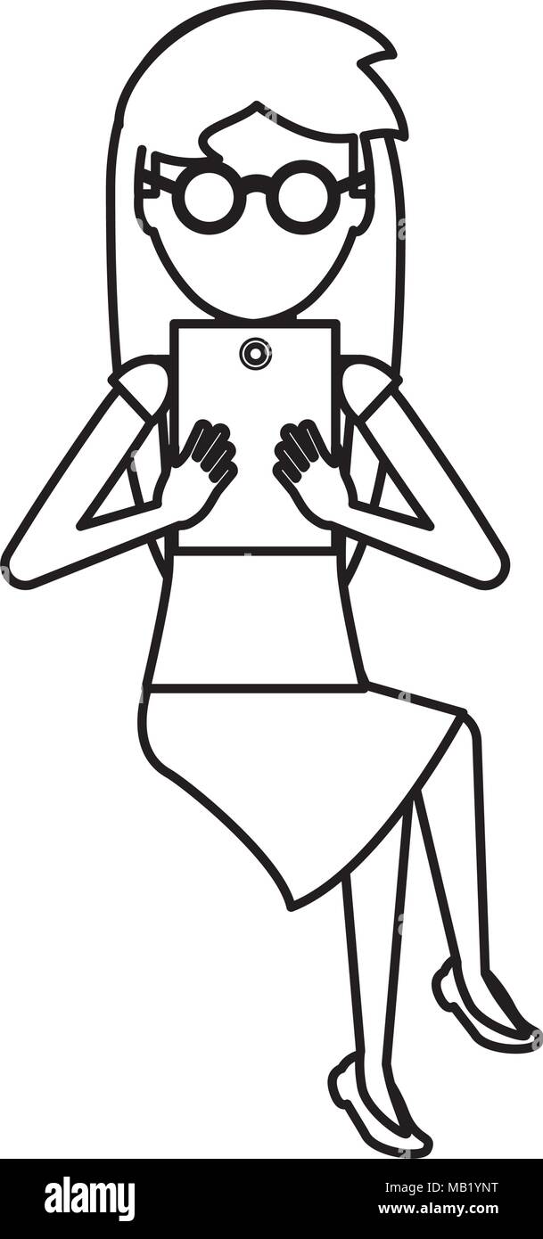 Avatar Femme assise et à l'aide d'une tablette sur fond blanc, vector illustration Illustration de Vecteur