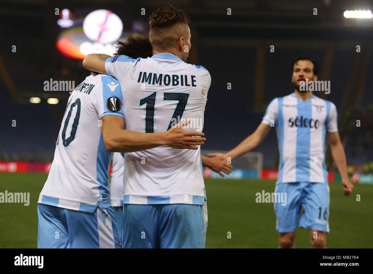 05.04.2018. Stadio Olimpico, Rome, Italie. Ligue de l'Uefa SS Lazio vs FC Salzburg. FELIPE ANDERSON célèbre le gol pendant le match S.S. Lazio vs Salzburg au Stadio Olimpico à Rome. Banque D'Images