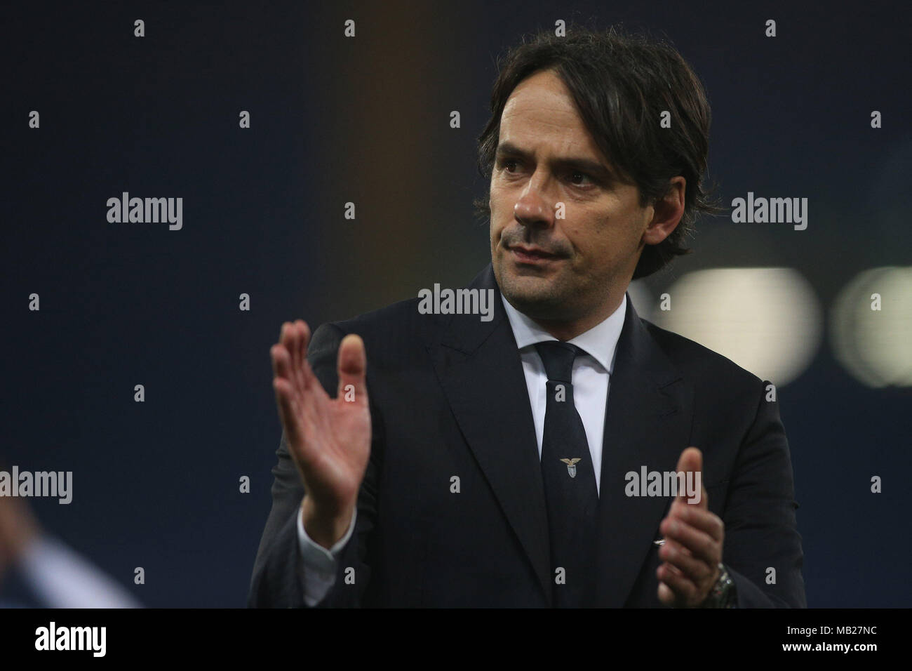 05.04.2018. Stadio Olimpico, Rome, Italie. Ligue de l'Uefa SS Lazio vs FC Salzburg.SIMONE INZAGHI célèbre la victoire lors du match S.S. Lazio vs Salzburg au Stadio Olimpico à Rome. Banque D'Images