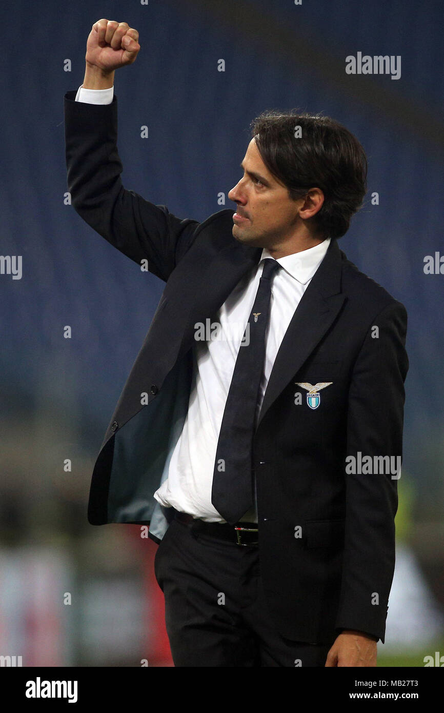 05.04.2018. Stadio Olimpico, Rome, Italie. Ligue de l'Uefa SS Lazio vs FC Salzburg.SIMONE INZAGHI célèbre la victoire lors du match S.S. Lazio vs Salzburg au Stadio Olimpico à Rome. Banque D'Images