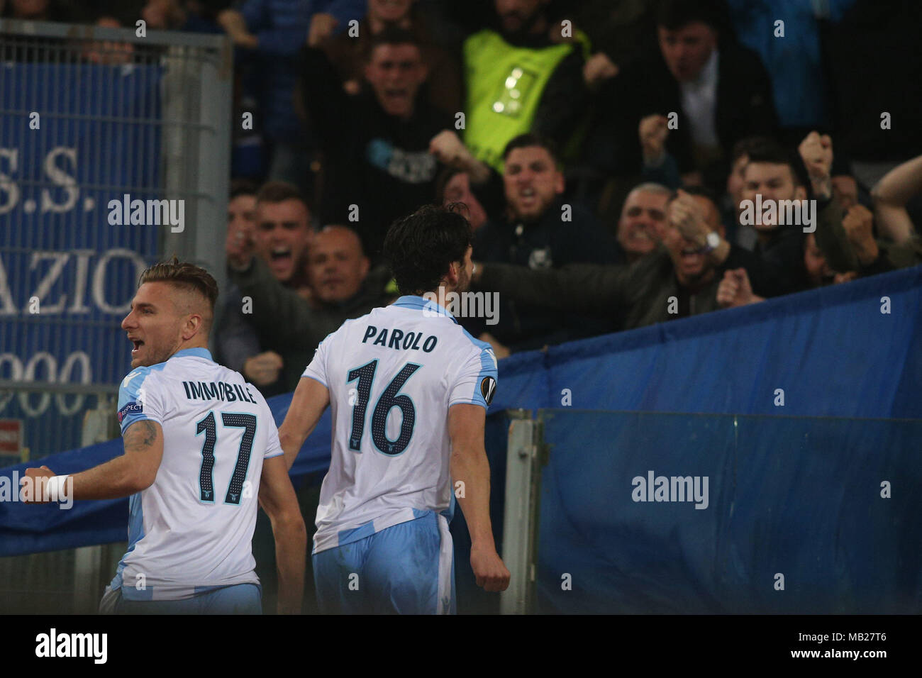 05.04.2018. Stadio Olimpico, Rome, Italie. Ligue de l'Uefa SS Lazio vs FC Salzburg. MARCO PAROLO le score pendant le match du GED S.S. Lazio vs Salzburg au Stadio Olimpico à Rome. Banque D'Images