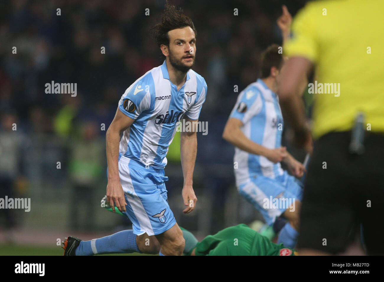 05.04.2018. Stadio Olimpico, Rome, Italie. Ligue de l'Uefa SS Lazio vs FC Salzburg. MARCO PAROLO le score pendant le match du GED S.S. Lazio vs Salzburg au Stadio Olimpico à Rome. Banque D'Images