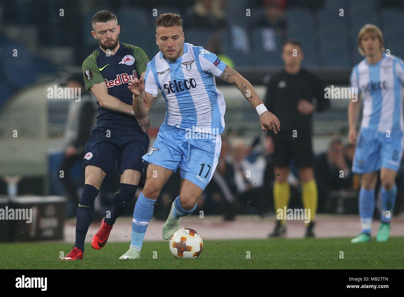 05.04.2018. Stadio Olimpico, Rome, Italie. Ligue de l'Uefa SS Lazio vs FC Salzburg. CIRO IMMOBILE (LAZ) en action pendant le match S.S. Lazio vs Salzburg au Stadio Olimpico à Rome. Banque D'Images